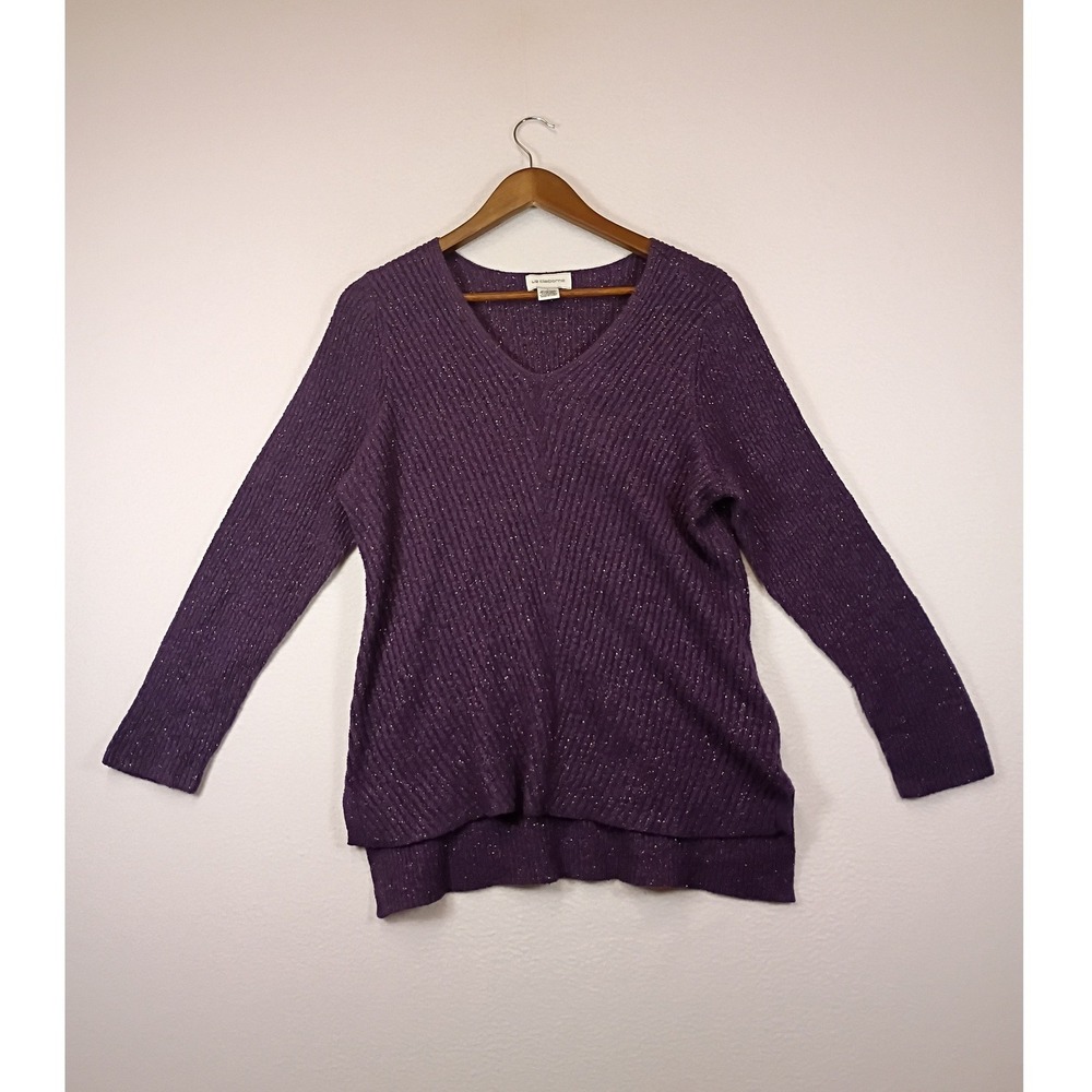 Sparkly Festive Liz Claiborne Womens Large Purple Ribbed Metallic V-Neck Sweater